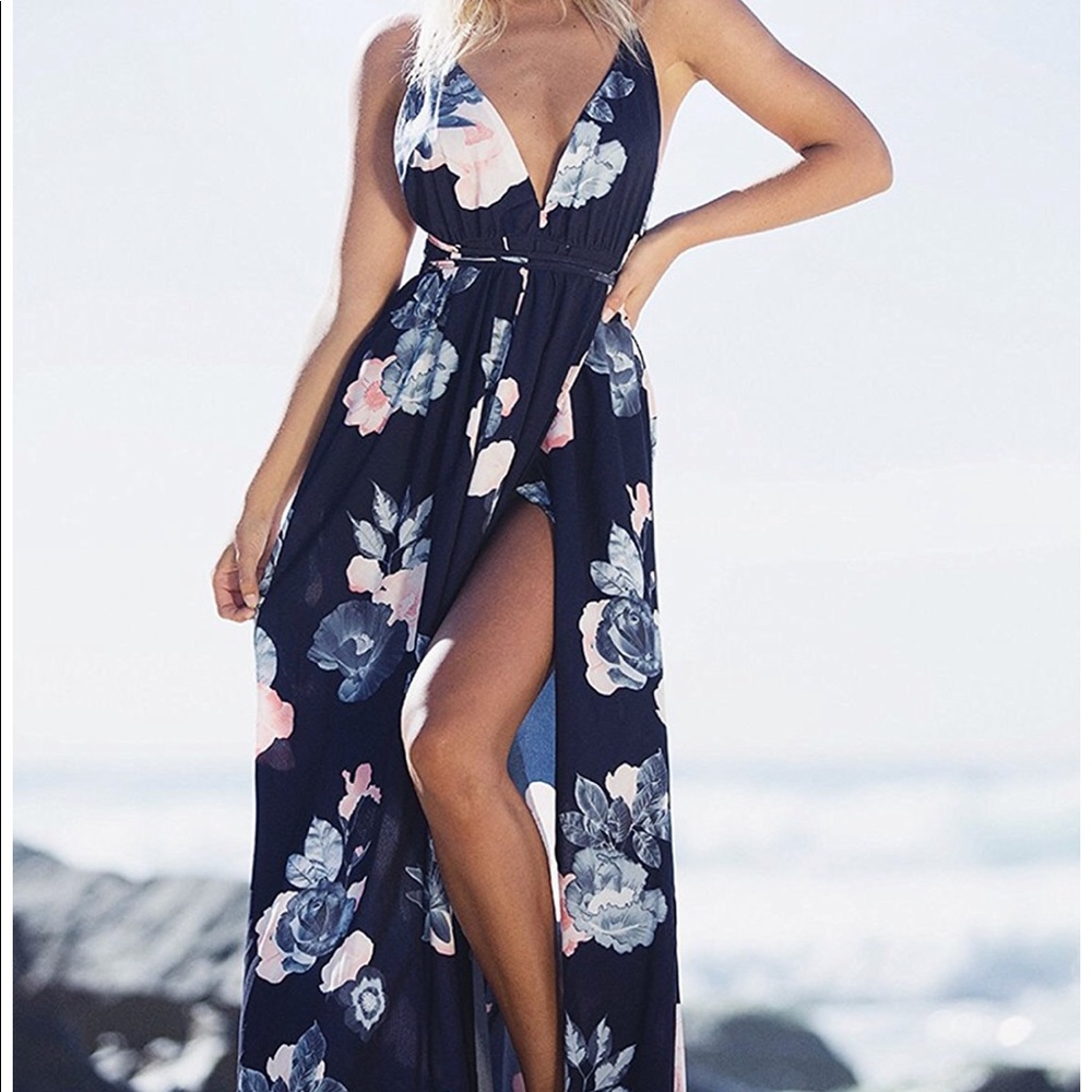 V Neck Backless Floral Print Split Maxi